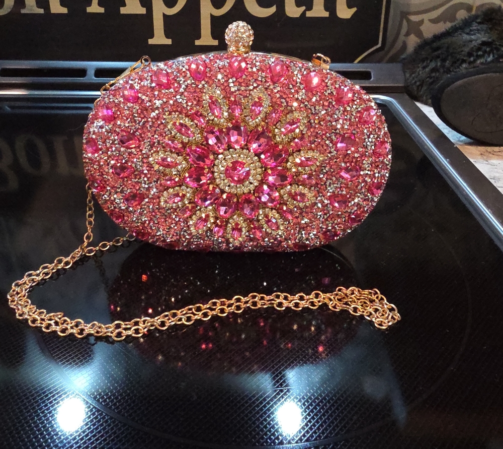 Pink Crystal Embellished Oval Evening Clutch with Gold Chain